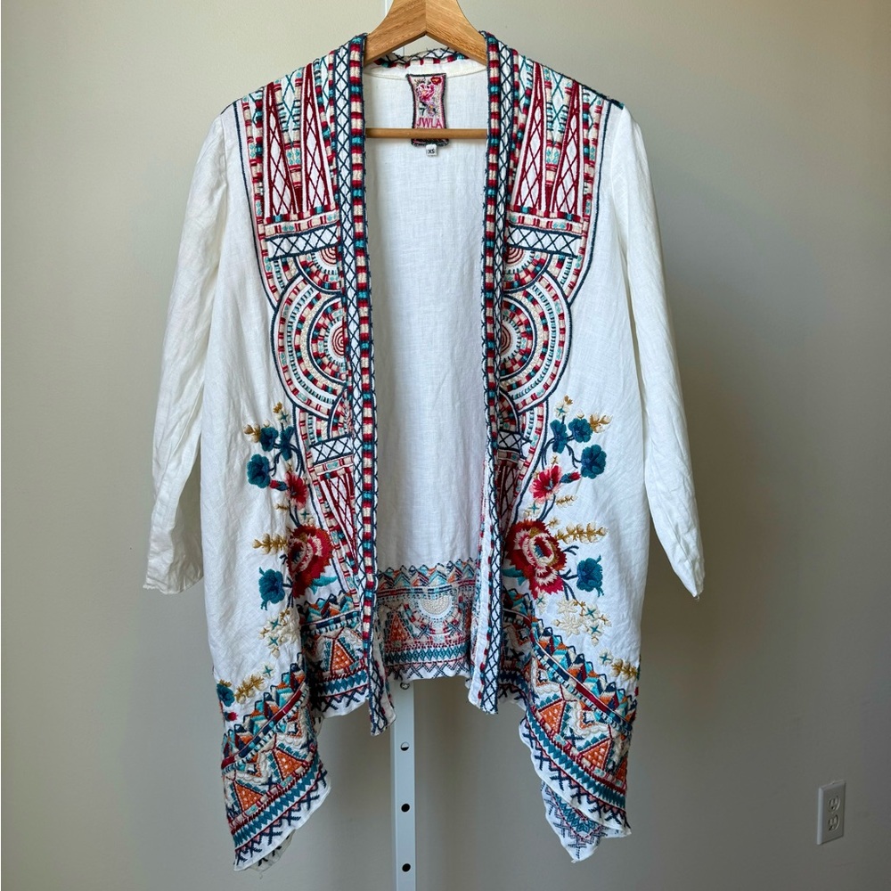 Johnny Was Boho Floral Embroidered Linen Kimono, White, XS